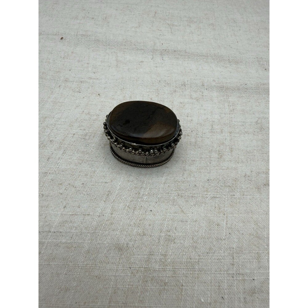 Vintage Tiger Eye Stone Trinket Box Made In India Oval Jewelry Pill Box - Picture 4 of 10
